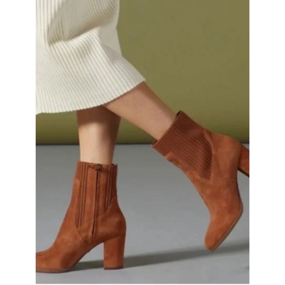 Vionic Kaylee Side Knit Suede Heeled Boots size 10 Chestnut Brown Comfort